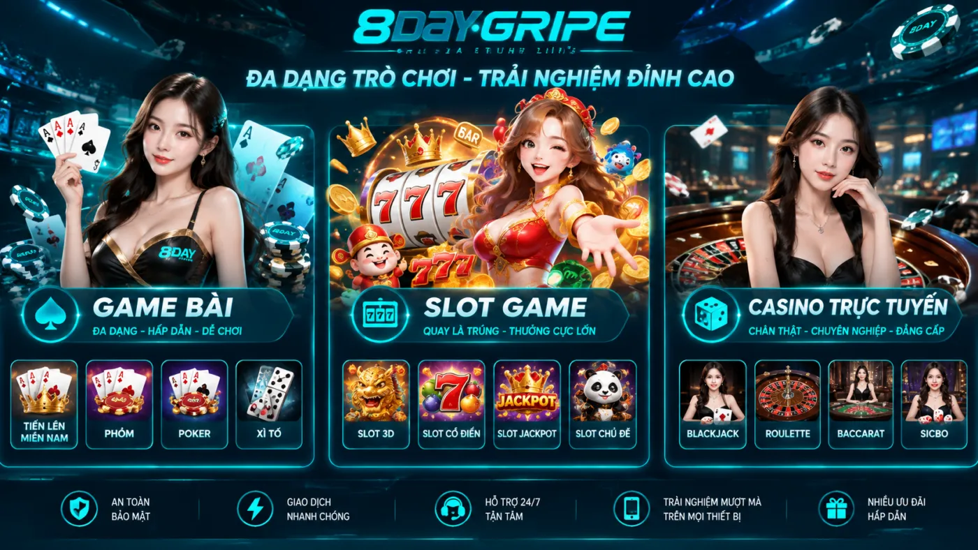 Các danh mục game bài, slot game và casino trực tuyến.