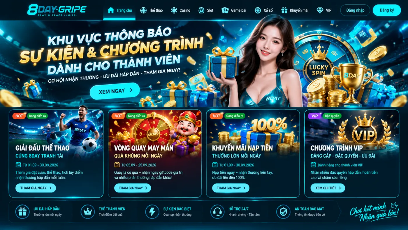 Khu vực thông báo sự kiện và chương trình dành cho thành viên.
